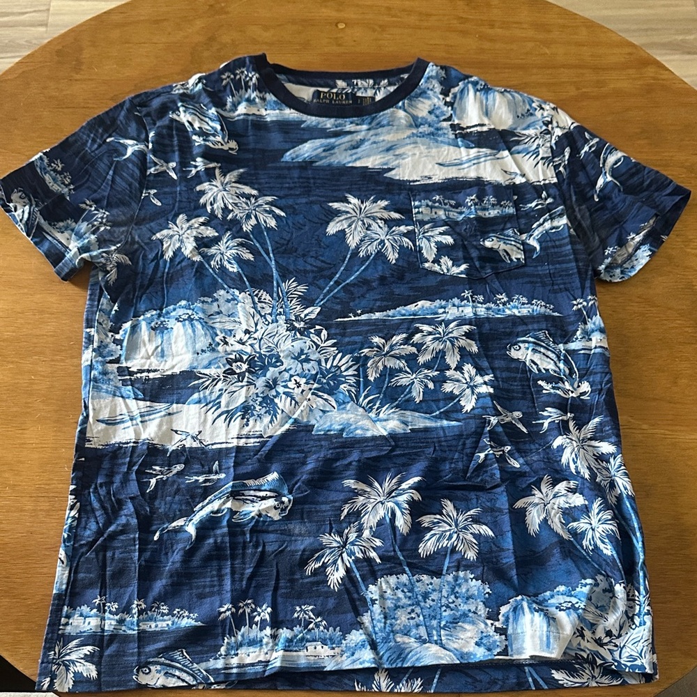 Ralph Lauren Blue and White Tropical Tee